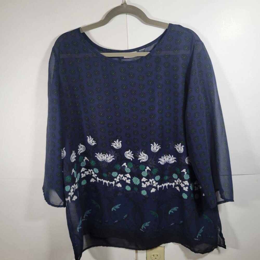Easywear by Chico Blue Sheer Floral Navy Tunic Top NO SIZE TAG SEE MEASUREMENTS